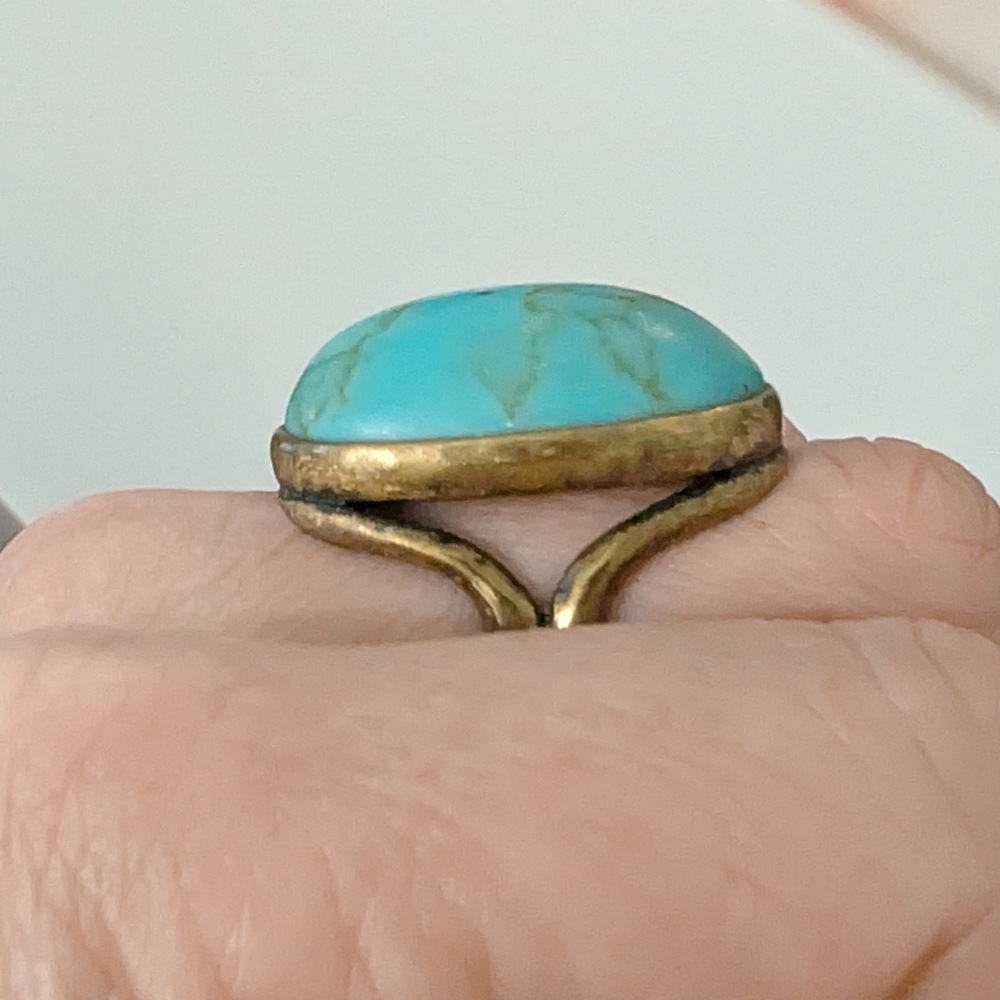 Vintage Oversized Y2K Turquoise & Gold Hallmarked Statement Ring- Size 7 - Picture 4 of 8